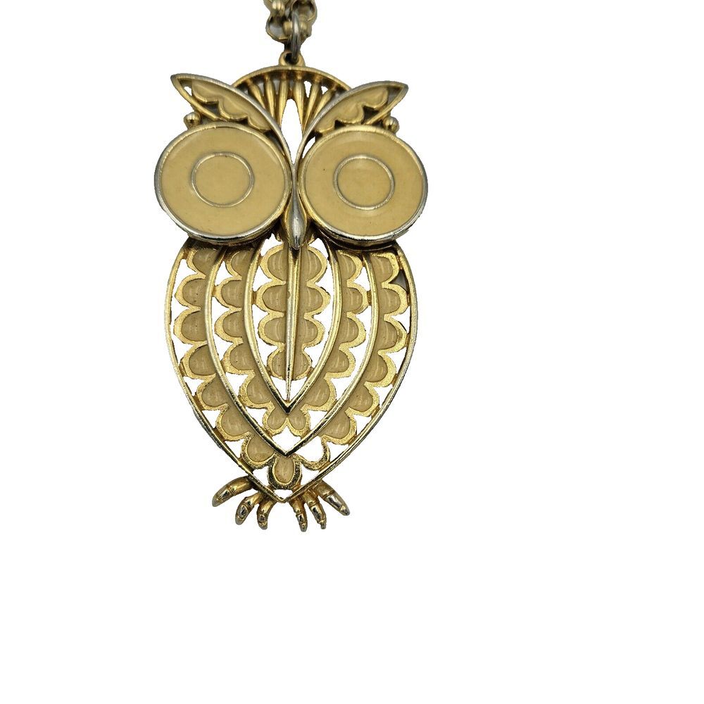 Unbranded Gold tone and Cream Enamel‎ Vintage Articulated Owl Necklace Pendant